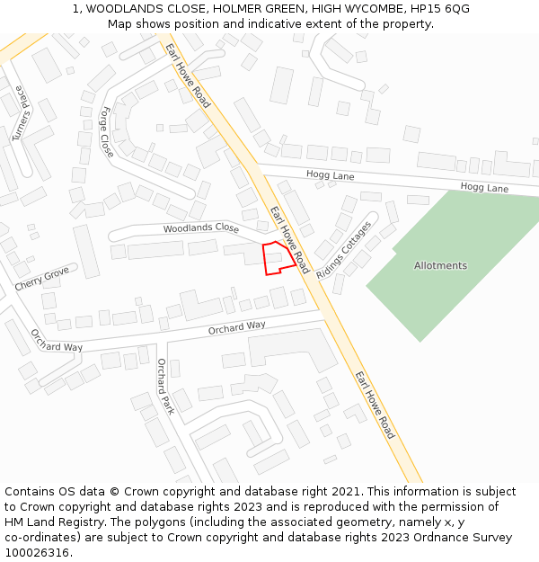 1, WOODLANDS CLOSE, HOLMER GREEN, HIGH WYCOMBE, HP15 6QG: Location map and indicative extent of plot