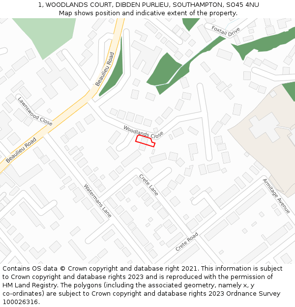 1, WOODLANDS COURT, DIBDEN PURLIEU, SOUTHAMPTON, SO45 4NU: Location map and indicative extent of plot