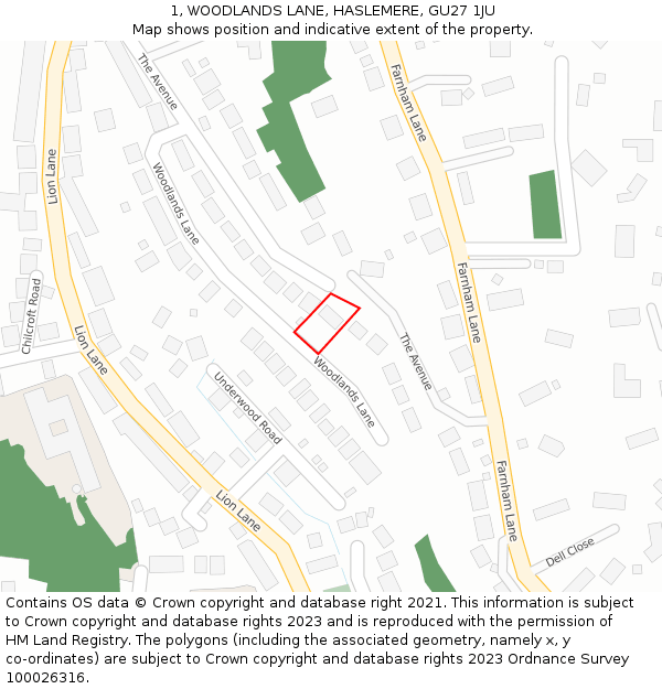 1, WOODLANDS LANE, HASLEMERE, GU27 1JU: Location map and indicative extent of plot