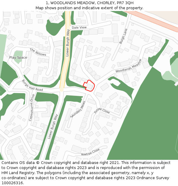 1, WOODLANDS MEADOW, CHORLEY, PR7 3QH: Location map and indicative extent of plot