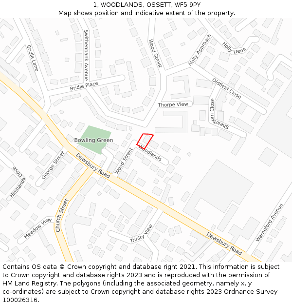 1, WOODLANDS, OSSETT, WF5 9PY: Location map and indicative extent of plot