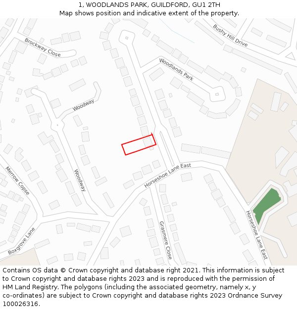 1, WOODLANDS PARK, GUILDFORD, GU1 2TH: Location map and indicative extent of plot