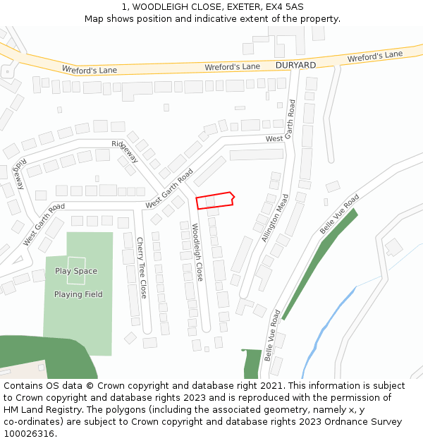 1, WOODLEIGH CLOSE, EXETER, EX4 5AS: Location map and indicative extent of plot