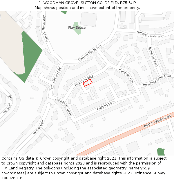 1, WOODMAN GROVE, SUTTON COLDFIELD, B75 5UP: Location map and indicative extent of plot