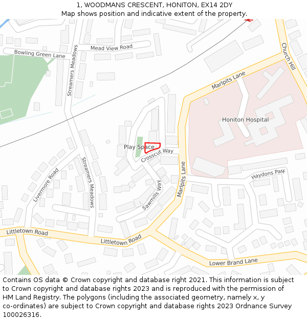1, WOODMANS CRESCENT, HONITON, EX14 2DY: Location map and indicative extent of plot