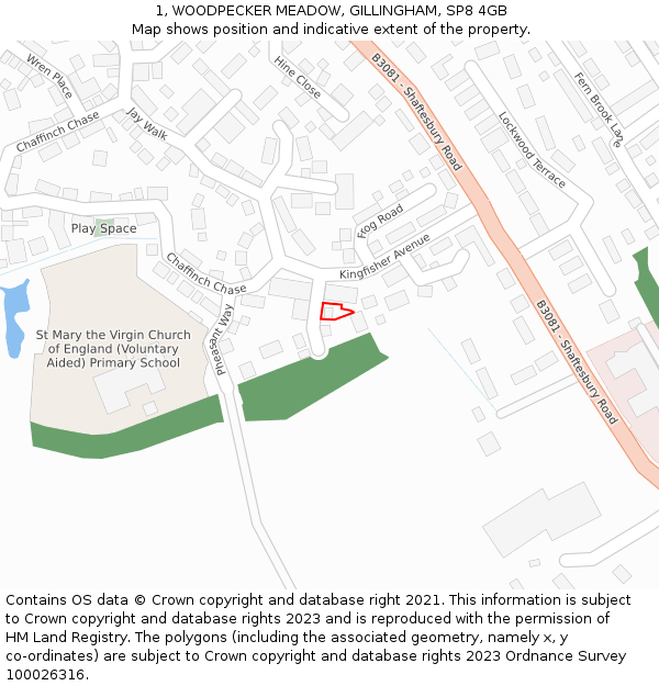 1, WOODPECKER MEADOW, GILLINGHAM, SP8 4GB: Location map and indicative extent of plot