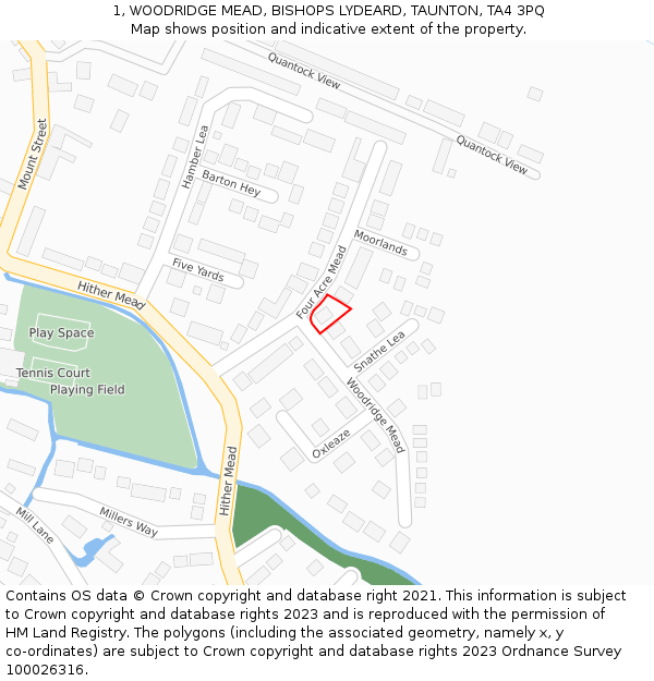 1, WOODRIDGE MEAD, BISHOPS LYDEARD, TAUNTON, TA4 3PQ: Location map and indicative extent of plot