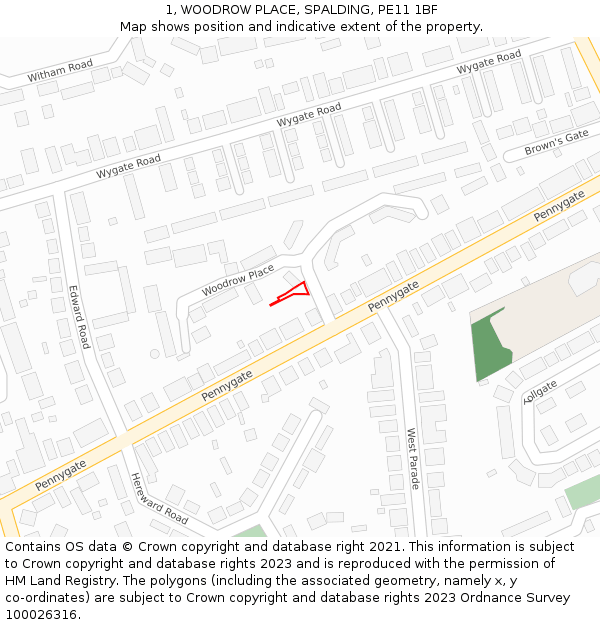 1, WOODROW PLACE, SPALDING, PE11 1BF: Location map and indicative extent of plot