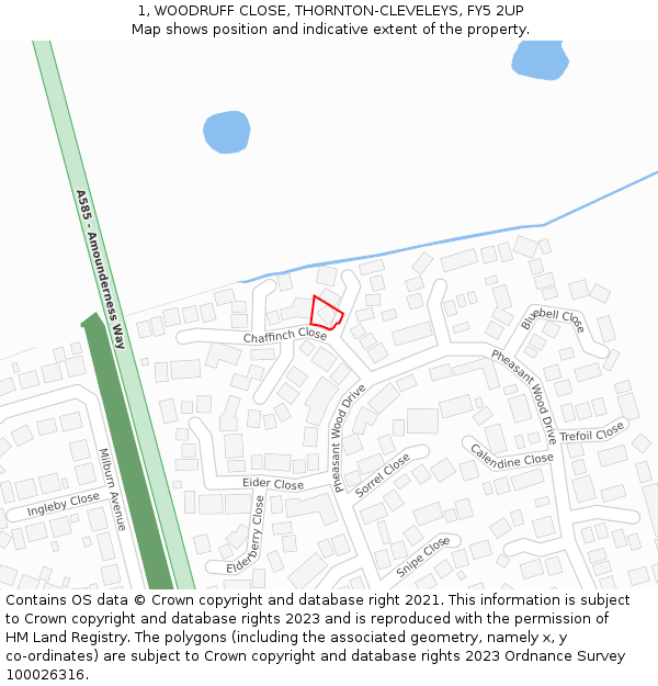 1, WOODRUFF CLOSE, THORNTON-CLEVELEYS, FY5 2UP: Location map and indicative extent of plot