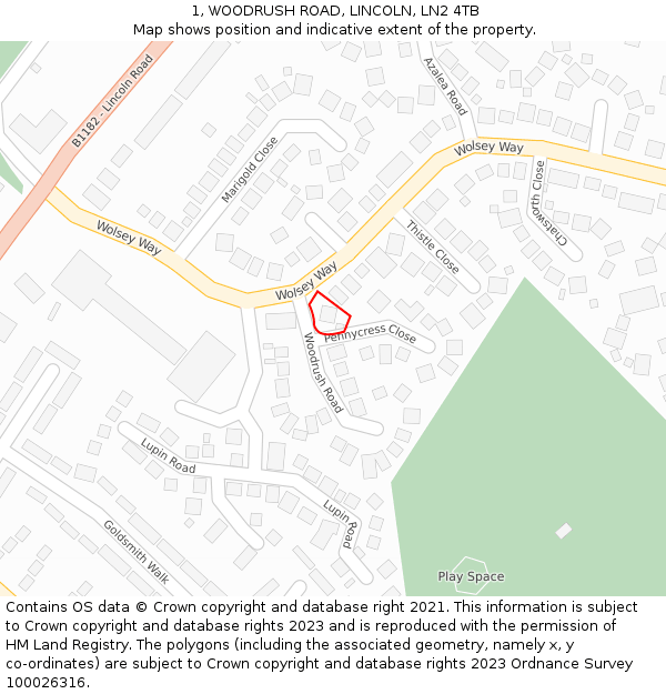 1, WOODRUSH ROAD, LINCOLN, LN2 4TB: Location map and indicative extent of plot