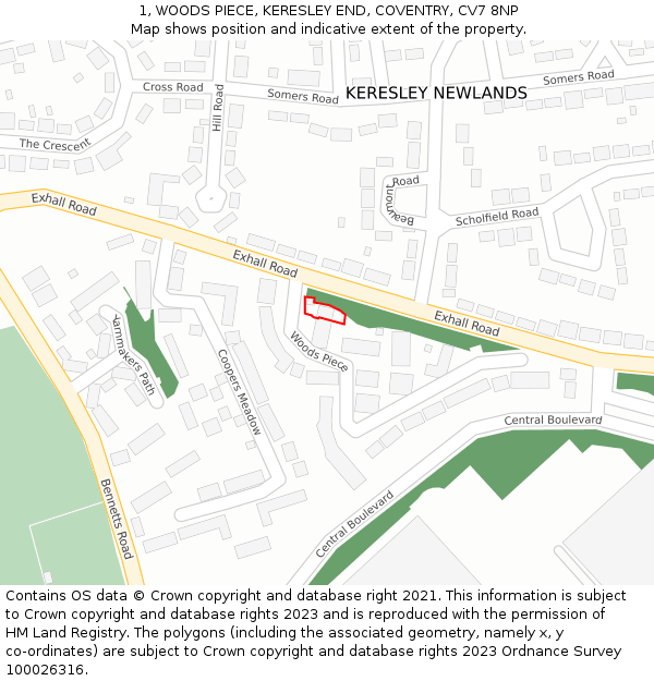 1, WOODS PIECE, KERESLEY END, COVENTRY, CV7 8NP: Location map and indicative extent of plot