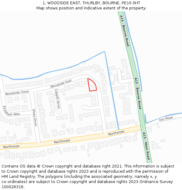 1, WOODSIDE EAST, THURLBY, BOURNE, PE10 0HT: Location map and indicative extent of plot