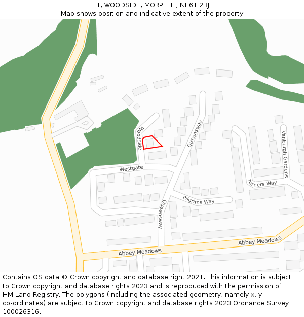 1, WOODSIDE, MORPETH, NE61 2BJ: Location map and indicative extent of plot