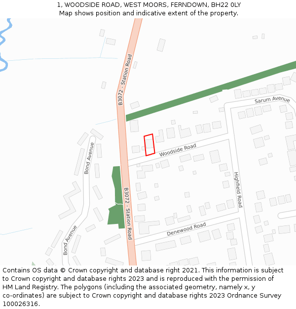1, WOODSIDE ROAD, WEST MOORS, FERNDOWN, BH22 0LY: Location map and indicative extent of plot