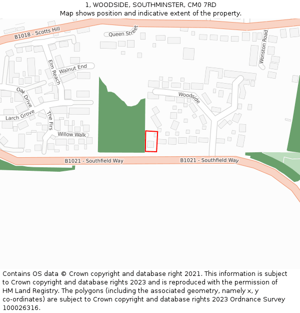 1, WOODSIDE, SOUTHMINSTER, CM0 7RD: Location map and indicative extent of plot