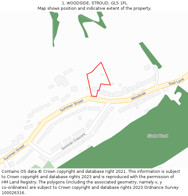 1, WOODSIDE, STROUD, GL5 1PL: Location map and indicative extent of plot