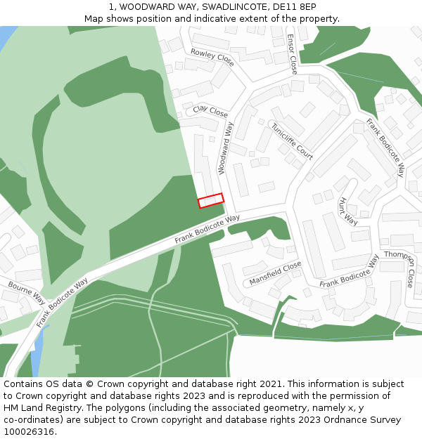 1, WOODWARD WAY, SWADLINCOTE, DE11 8EP: Location map and indicative extent of plot