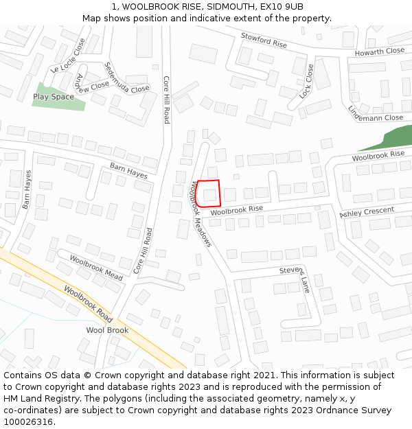 1, WOOLBROOK RISE, SIDMOUTH, EX10 9UB: Location map and indicative extent of plot