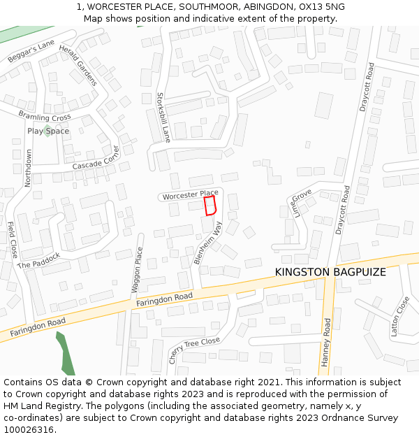 1, WORCESTER PLACE, SOUTHMOOR, ABINGDON, OX13 5NG: Location map and indicative extent of plot