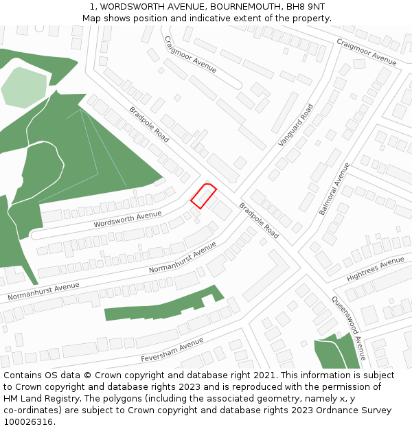 1, WORDSWORTH AVENUE, BOURNEMOUTH, BH8 9NT: Location map and indicative extent of plot
