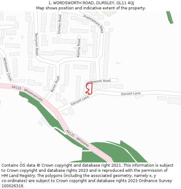 1, WORDSWORTH ROAD, DURSLEY, GL11 4QJ: Location map and indicative extent of plot