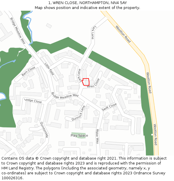 1, WREN CLOSE, NORTHAMPTON, NN4 5AY: Location map and indicative extent of plot