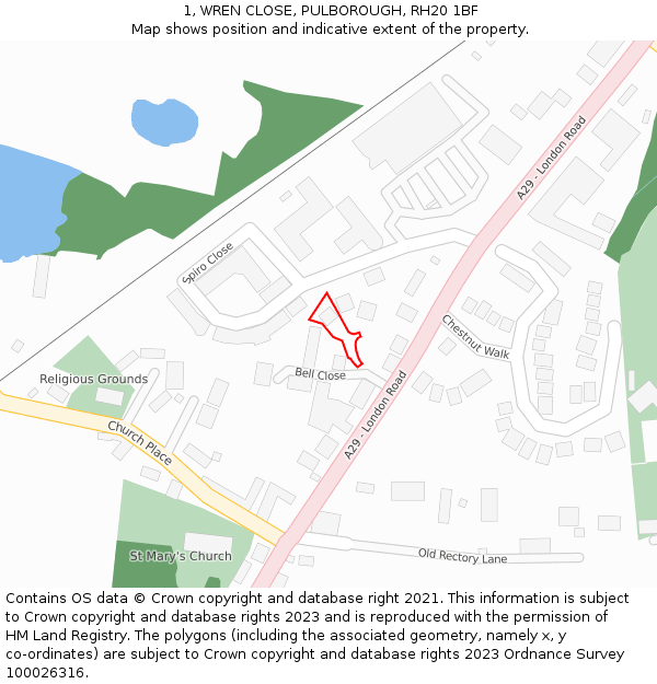 1, WREN CLOSE, PULBOROUGH, RH20 1BF: Location map and indicative extent of plot