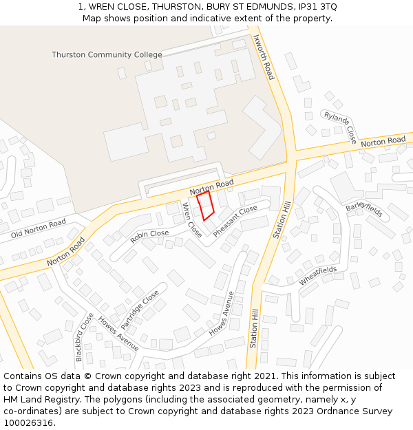 1, WREN CLOSE, THURSTON, BURY ST EDMUNDS, IP31 3TQ: Location map and indicative extent of plot