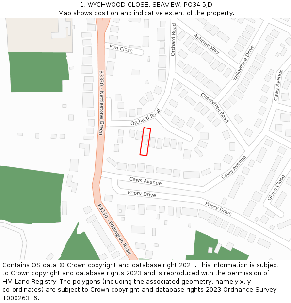 1, WYCHWOOD CLOSE, SEAVIEW, PO34 5JD: Location map and indicative extent of plot