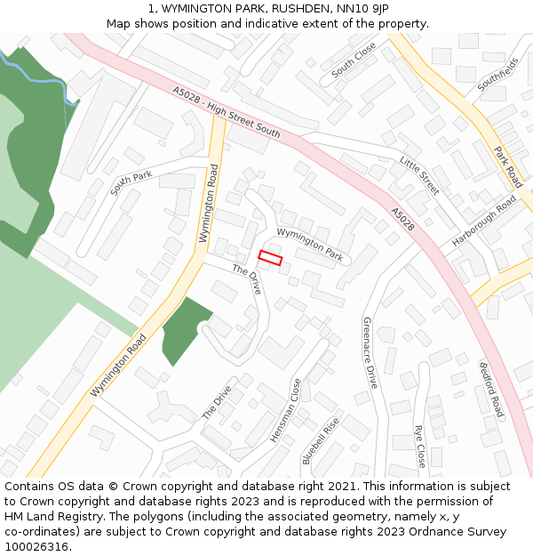 1, WYMINGTON PARK, RUSHDEN, NN10 9JP: Location map and indicative extent of plot