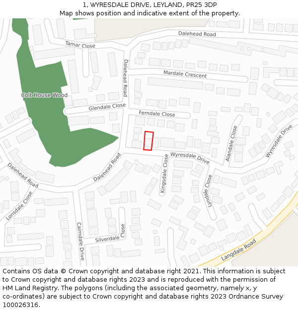 1, WYRESDALE DRIVE, LEYLAND, PR25 3DP: Location map and indicative extent of plot