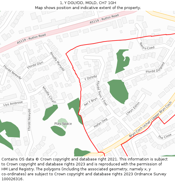 1, Y DOLYDD, MOLD, CH7 1GH: Location map and indicative extent of plot