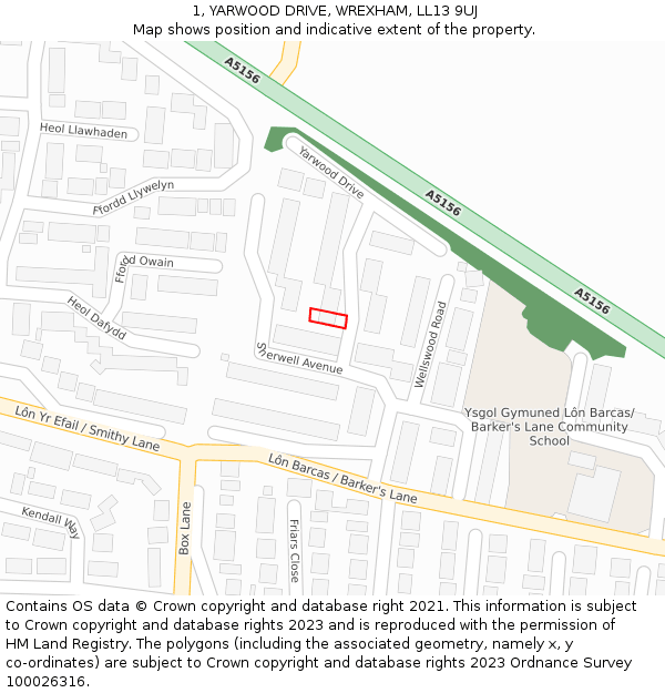 1, YARWOOD DRIVE, WREXHAM, LL13 9UJ: Location map and indicative extent of plot