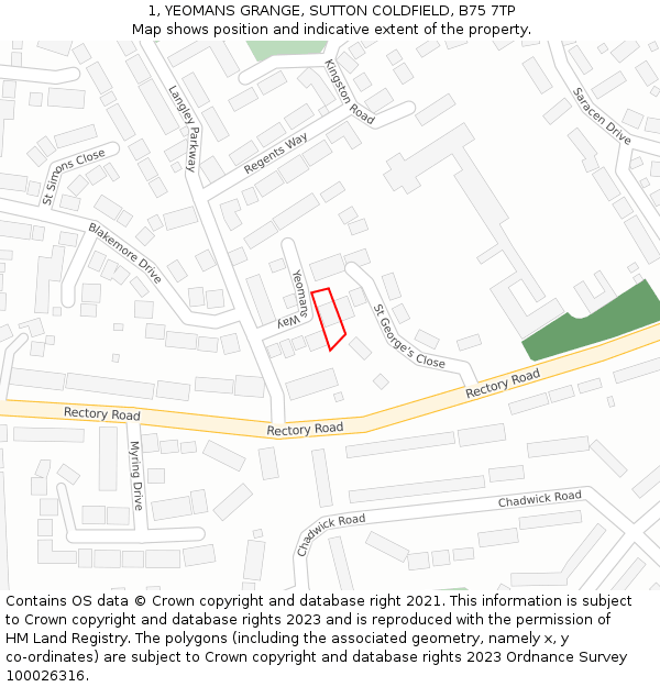 1, YEOMANS GRANGE, SUTTON COLDFIELD, B75 7TP: Location map and indicative extent of plot