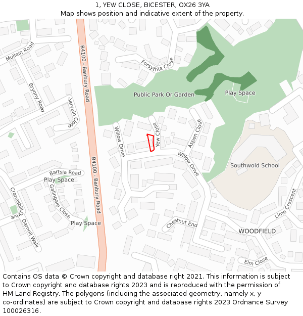 1, YEW CLOSE, BICESTER, OX26 3YA: Location map and indicative extent of plot