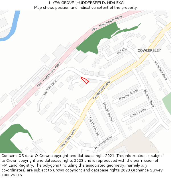 1, YEW GROVE, HUDDERSFIELD, HD4 5XG: Location map and indicative extent of plot