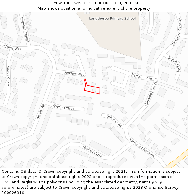 1, YEW TREE WALK, PETERBOROUGH, PE3 9NT: Location map and indicative extent of plot