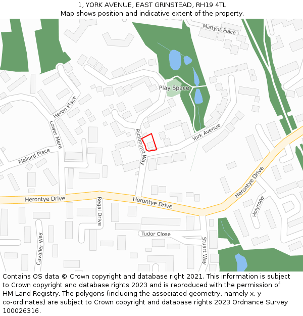 1, YORK AVENUE, EAST GRINSTEAD, RH19 4TL: Location map and indicative extent of plot