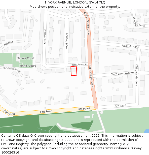 1, YORK AVENUE, LONDON, SW14 7LQ: Location map and indicative extent of plot