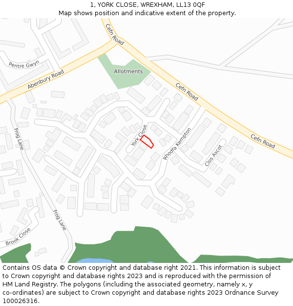 1, YORK CLOSE, WREXHAM, LL13 0QF: Location map and indicative extent of plot