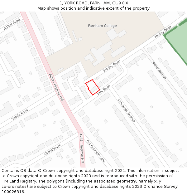 1, YORK ROAD, FARNHAM, GU9 8JX: Location map and indicative extent of plot