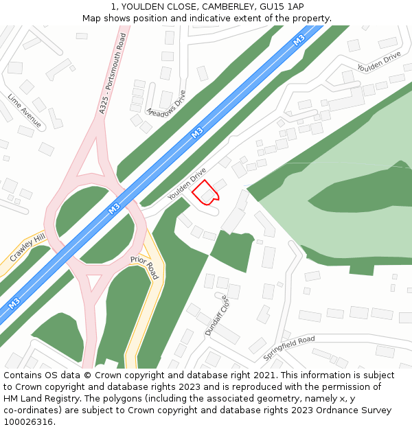 1, YOULDEN CLOSE, CAMBERLEY, GU15 1AP: Location map and indicative extent of plot