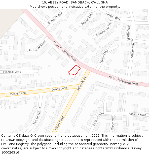 10, ABBEY ROAD, SANDBACH, CW11 3HA: Location map and indicative extent of plot