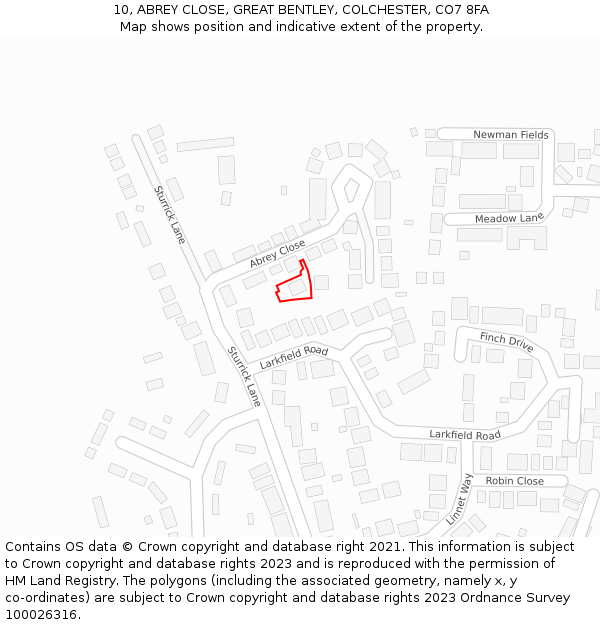 10, ABREY CLOSE, GREAT BENTLEY, COLCHESTER, CO7 8FA: Location map and indicative extent of plot