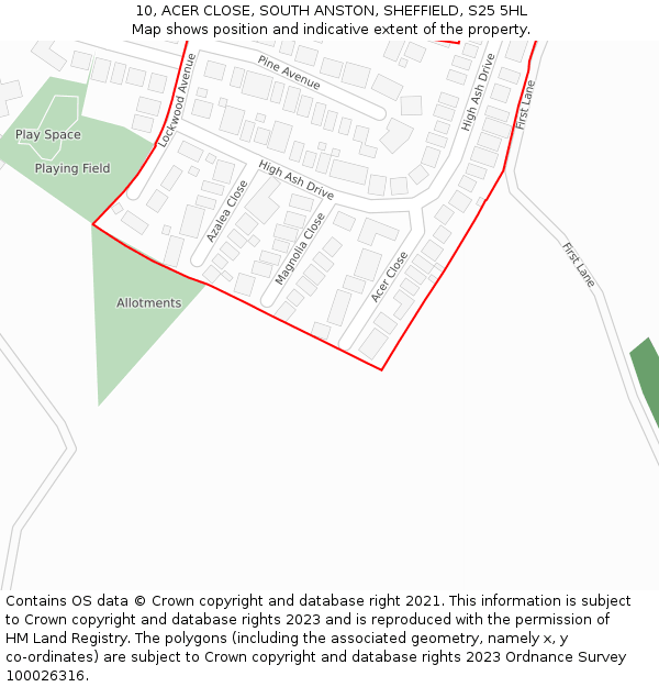 10, ACER CLOSE, SOUTH ANSTON, SHEFFIELD, S25 5HL: Location map and indicative extent of plot