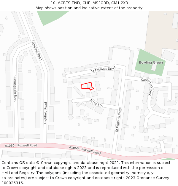 10, ACRES END, CHELMSFORD, CM1 2XR: Location map and indicative extent of plot