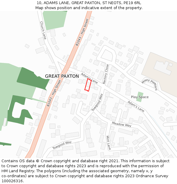 10, ADAMS LANE, GREAT PAXTON, ST NEOTS, PE19 6RL: Location map and indicative extent of plot
