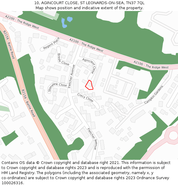 10, AGINCOURT CLOSE, ST LEONARDS-ON-SEA, TN37 7QL: Location map and indicative extent of plot