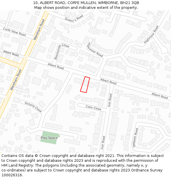 10, ALBERT ROAD, CORFE MULLEN, WIMBORNE, BH21 3QB: Location map and indicative extent of plot
