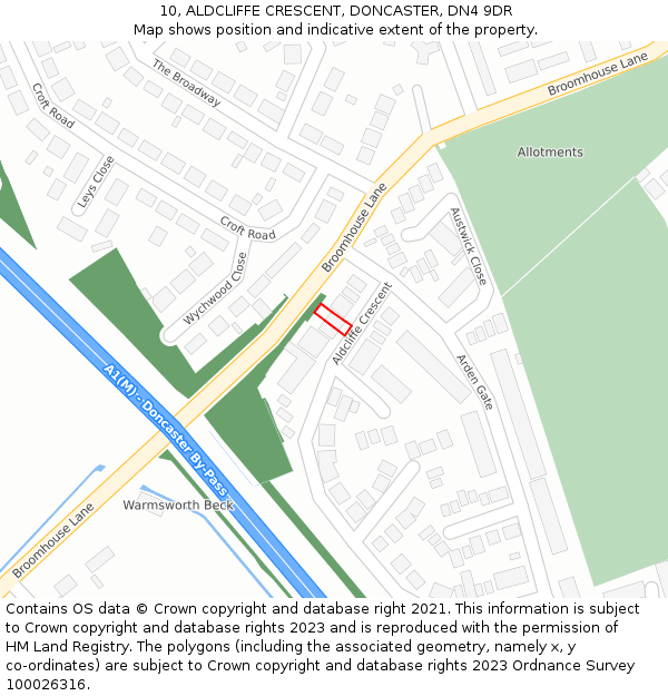 10, ALDCLIFFE CRESCENT, DONCASTER, DN4 9DR: Location map and indicative extent of plot